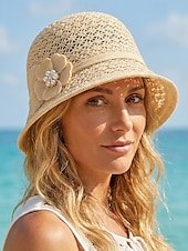 baratos Chapéus Femininos-Chapéu bucket feminino dobrável em poliéster respirável – chapéu de sol de verão com flor decorativa e pérola, multicolorido, elegante para uso externo, jardim, praia e férias.