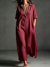cheap Dresses-Women's Maxi long Dress Linen Dresses Elegant Vacation Loose Fit Plain Short Sleeve Shirt Collar Summer