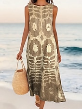 cheap Art&amp;Design Dress-Women's Midi Dress Casual Dress A Line Dress Elegant Regular Fit Graphic Geometric Abstract Sleeveless Crew Neck Orange Khaki Summer Spring