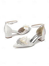 cheap Mother of Bride/Groom-Women's Sophisticated Navy Blue Satin Block Heel Shoes with Bow and Crystal Brooch for Mother of the Bride