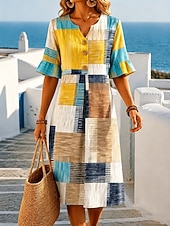 abordables Robes décontractées-Femmes Robe Midi Robe d'Été Robe trapèze Robe d'été Vacances Occasionnel Quotidien Plage Fête Coupe régulière Graphique Géométrique Bloc de Couleur Demi Manches Col en V Jaune Vin Chameau Vert Ét