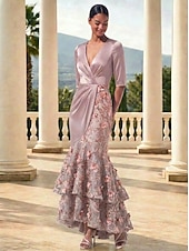 baratos Vestidos de Noche Sirena-Mermaid Trumpet Ankle Length Evening Gown Formal Dress Elegant Glittering Floral 3/4 Length Sleeve V Neck Wedding Formal Lace Stretch Satin Cowl Back with Embroidered Flower Pleats Embroidery