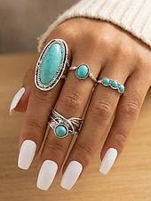 preiswerte Damenringe-4-teiliges Set aus eleganten, ausdrucksstarken Türkisringen aus einer böhmischen Legierung für Damen – perfekt zum Stapeln und für den Strandurlaub oder den Alltag.