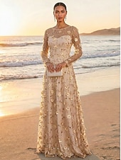cheap Floor Length-A-Line Dress Floor Length Party Dress Cocktail Dress Mother of the Bride Dress Long Sleeve Crew Neck Elegant Vintage Luxurious Formal Wedding Guest Engagement Party Lace Tulle with 3D Flowers Pleats