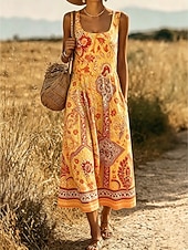 abordables Robe Boho-Femmes Robe Midi Robe d'Été Robe trapèze Robe à épaules dénudées Vacances Occasionnel Boho Plage Date Coupe régulière Graphique Paisley Tribal Sans manches Col en U Bleu Chameau Orange Vert Ét