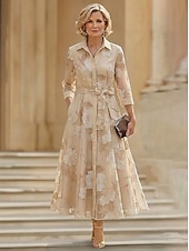 voordelige Enkel Lengte-A-lijn Jurken Tot de enkel Over de knie Bruiloft gast jurk Moeder van de bruid jurk 3/4 mouw Overhemdkraag Elegant Vintage Formeel Bruiloft gast Semi formeel Organza Jacquard met Strik(ken)