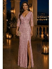 preiswerte Schlauch-Abendkleider-Schlauchkleid Bodenlang Abendkleid Festliche Kleidung Elegant Glitzernd Glitzern Dreiviertelarm V Ausschnitt Hochzeit Formell Spitze mit Schlitz Perlenbestickt