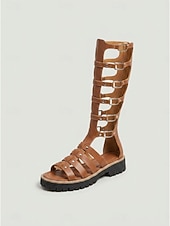 cheap Gladiator Sandals-Women's Tall Gladiators Sandals - Edgy Black Knee-High Summer Boots with Multiple Buckles, Studs &amp; Lug Sole for Music Festivals, Tropical Vacations &amp; Outdoor Adventures
