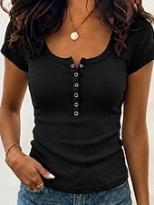 economico T-shirt semplice-Per donna Maglietta A coste Tinta unica Elegante Manica Corta Collo a U Henley Top Regolari Casuale Uscire Nero Bianco Rosa Grigio scuro Albicocca Estate Primavera