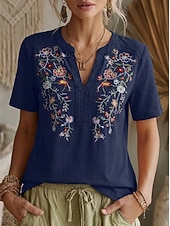 abordables Hauts en dentelle-Femmes Chemisier Hauts en dentelle Chemises brodées Dentelle Broderie Fleuri ancien Boho Manche Courte Col en V Hauts Réguliers Occasionnel Fête Été Noir Vert Véronèse bleu marine Violet Marron Ét