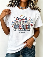  Jour de l'Indépendance Américaine Femmes Tee-shirt Gaufre Tops tricotés texturés Fleuri Graphique Lettre Élégant Classique Manche Courte Col ras du cou Col rond Hauts Réguliers Hauts Longs