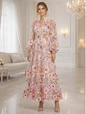 voordelige Enkel Lengte-A-lijn Tot de enkel Kanten jurk Moeder van de bruid jurk Lange mouw V-hals Elegant Vintage Luxueus Formeel Bruiloft gast Bruiloft Kant Tule met 3D-bloemen Borduurwerk Bloem