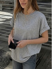 cheap Plain tee-Women's T Shirt Tee Top Rolled Cuff Curved Hem Solid Color Stylish Classic Short Sleeve Crew Neck Regular Tops Casual Going out Black White Pink Gray Summer Spring