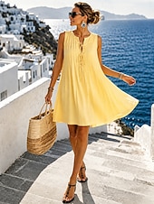 cheap Plain Dress-Womens Vintage Vacation Lace Up Plain Pleated Sleeveless Cotton Dress Blue White Yellow Red Summer