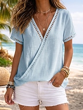 cheap Shirts-Women's Shirt Stylish Classic Short Sleeve V Neck Regular Tops Casual Going out Beach Wear Blue Yellow Pink Green Apricot Summer Spring