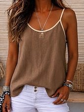  Per donna Gilet in cotone e lino Ricamato Tinta unica Semplice Vintage Senza Maniche Scollo Tondo Top corti Marrone caffè Colore naturale di canapa Blu marino Albicocca Estate Primavera