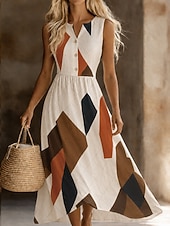 cheap Casual Dresses-Women's Midi Dress Sundress White Dress Summer Dress Vacation Casual Semi Formal Daily Home Outdoor Regular Fit Floral Graphic Abstract Sleeveless V Neck White Beige Summer Spring