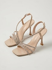 abordables Sandales à talons-Sandales à talons hauts nude à brides pour femmes - talons élégants ornés de strass pour cocktails et soirées.