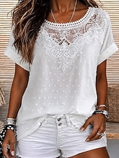  Mujer Camisa camisa boho Camisa de encaje Encaje Elegante Bohemia Vacaciones Manga Corta Tops largos Casual Blanco Verano Primavera