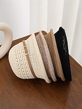 baratos Chapéus Femininos-Chapéu bucket feminino em poliéster trançado com cinto de couro, chapéu de sol leve para o verão, ideal para férias, praia, uso casual ao ar livre e dia a dia.