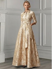 billige Gulvlengde-A-linje Gulvlengde Skjortekjole Formell kjole Aftenkjole Kjole til brudens mor 3/4 ermer Skjortekrage Elegant Minimalistisk Formell Bryllupsgjest Semi-formelt Jacquard med Belte / bånd
