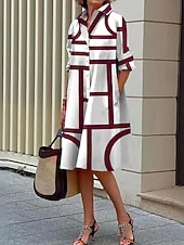 preiswerte Streifen- und geometrisches Kleid-Damen Midikleid A Linie Kleid Figurbetontes Kleid Urlaub Geburtstag Lässig Strand Ausgehen Normale Passform Grafik Geometrisch Langarm Revers Blau Schwarz Rote Sommer Frühling
