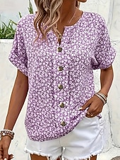 economico Bluse Floreali-Per donna Blusa Bottoni Stampato Floreale Grafico Vintage Elegante Moderno Manica Corta Colletto a Camicia Top Regolari Casuale Quotidiano Blu Rosa Viola Verde Estate Primavera