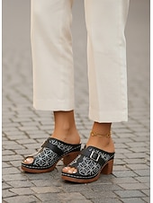 abordables Sandales à glissière-Mules à talon bloc brodées bleues pour femmes - sandales à boucle florale pour brunch, garden-parties et style rétro au quotidien