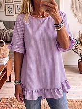  Femmes Chemise Rayé Élégant Bohème Vacances Manche Courte Hauts Longs Occasionnel Quotidien Fête Bleu Noir Rose Claire Violet Vert Été Printemps
