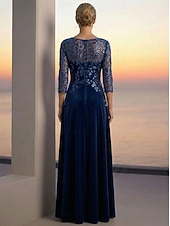 preiswerte Bodenlänge-A-Linie Kleid Bodenlang Knöchellänge Cocktailkleid Brautmutterkleid Langarm Illusionsausschnitt Elegant luxuriös Glanz &amp; Glamour Formell Hochzeitsgast Semi-Formal Tüll Samt mit Perlenstickerei