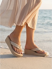preiswerte Rutschsandalen-Damen-Flip-Flops aus Stroh mit Plateausohle – sommerliche Keilsandalen im Boho-Stil mit geflochtenen Riemen, ideal für Strandurlaub und Resort-Aktivitäten. &amp;gemütliches Spazierengehen im Freien