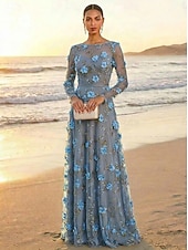 ieftine Lungimea podelei-Linia -A Rochii Lungime Podea Rochie de petrecere Rochie Mama Miresei Manșon Lung Stil Nautic Iluzii Elegant Epocă Luxos Oficial Invitat la nunta Kentucky Derby Dantelă Tulle cu Flori 3D Broderie