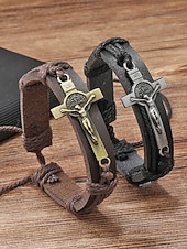 baratos Jóias Masculinas-Pulseira masculina de couro genuíno com liga metálica e cruz, ajustável nas cores preta ou marrom, joia vintage casual para uso diário, viagens e looks de férias.