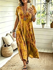  Women's Midi Dress A Line Dress Casual Loose Fit Floral Abstract Short Sleeve V Neck Blue Yellow Pink Dusty Blue Summer Spring