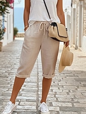 cheap Bottoms-Women's Cotton Linen Shorts Capri Pants Chinos Summer Shorts Vacation Streetwear Casual Knee Length Medium Waist Plain Drawstring Pocket Comfortable Breathable Inelastic Daily Outdoor Street