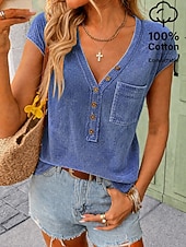  camicia da donna softfade™ 100% cotone lavato arricciato tinta unita vintage moda elegante manica corta scollo a V top regolare casual quotidiano per uscire blu rosa viola verde estate primavera