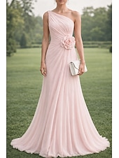 billige A-linje kveldsdrakter-A-linje Gulvlengde Kveldskjoler Ballkjole Elegant Brudens mor Ermeløs Enskuldret Bryllup Formell Chiffon med Brodert blomst Plissert Bølgemønster