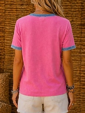  Per donna Cotone lavato 100% cotone Patchwork Bottoni Vintage Manica Corta Girocollo Top Regolari Blu Rosa Estate Primavera