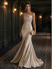 economico Abiti da Sera Sirena-Sirena Tromba Lunghezza al pavimento Abito da Sera Elegante Senza Maniche Monospalla Matrimonio Formale Vestito Rosa Raso Elasticizzato con Pieghe