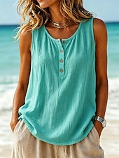  Women's  Vintage Cotton Linen Vest Texture Buttons Solid Color Sleeveless Crew Neck Regular Tops White Green Light Blue Summer Spring