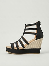 cheap Wedge Sandals-Women's Black Gladiator Wedge Sandals - Elegant Multi-Strap Platform Heels with Woven Texture for Outdoor Resort Vacations, Summer Music Festivals &amp; Tropical Night Outs