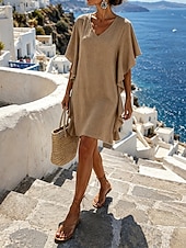 cheap Plain Dress-Women's Mini Dress Casual Dress Summer Dress Elegant Fashion Modern Outdoor Vacation Going out Loose Fit Plain Short Sleeve V Neck Blue Khaki Black Red Summer Spring
