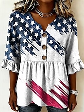  Jour de l'Indépendance Américaine Femmes Chemise Graphique USA Drapeau Américain ancien Élégant manche longue Col en V Hauts Longs Occasionnel Quotidien Fête Bleu Blanche Rouge Rouge / Bleu Ét