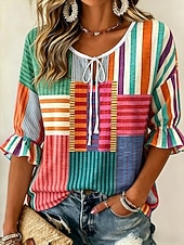 abordables Art &amp; Design Blouses-Femmes Chemisier Boutons Imprimé Graphique Géométrique ancien Quotidien Élégant Demi Manches Col ras du cou Hauts Réguliers Occasionnel Quotidien Rose Claire Rouge Été Printemps