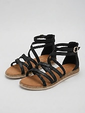 cheap Gladiator Sandals-Women's Almond Gladiator Sandals - Lightweight Braided Multi-Strap Flat Sandals with Back Zipper for Walking, Travel &amp; Casual Wear