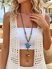 tanie Naszyjnik damski-Naszyjnik z wisiorkiem w kształcie gwiazdy w stylu boho dla kobiet, ręcznie robione kolorowe ceramiczne koraliki, regulowana biżuteria na długim łańcuszku na ogrodowe przyjęcie, wakacje na plaży,