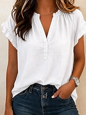 economico Bluse Semplici-Per donna Blusa Camicia in finto lino Volant Tinta unica Quotidiano Elegante Essenziale Manica Corta Scollo a V Top lunghi Casuale Quotidiano Bianco Cachi Rosa Verde Estate Primavera