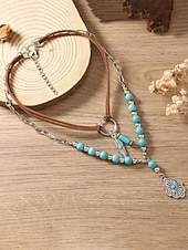 economico Collana da donna-collana da donna bohémien a strati con perline turchesi, catena d'argento e piuma &amp;Ciondolo a forma di fiore, cinturino in finta pelle scamosciata, casual e da vacanza
