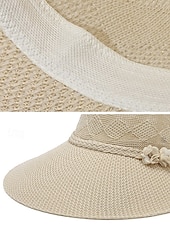 baratos Chapéus Femininos-Chapéu de sol feminino boho de palha - chapéu de praia de verão com aba larga e decoração de flor 3D, fedora respirável em poliéster trançado para férias e uso casual diário. &amp;Proteção solar, várias