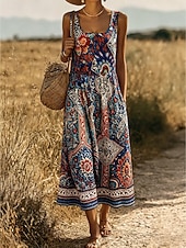abordables Robe Boho-Femmes Robe Midi Robe d'Été Robe trapèze Robe à épaules dénudées Vacances Occasionnel Boho Plage Date Coupe régulière Graphique Paisley Tribal Sans manches Col en U Bleu Chameau Orange Vert Ét